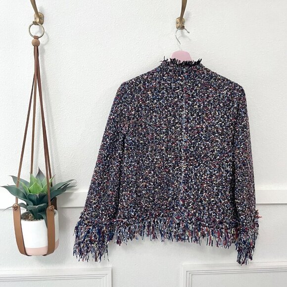 Ann Taylor Fiesta Tweed Fringe Jacket Red Blue Multi Color M Tall - Picture 6 of 6